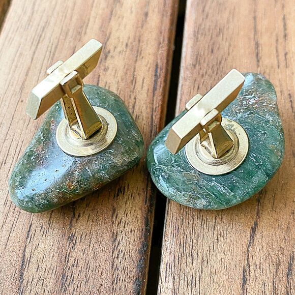 Natural Green Stone Cufflinks Vintage Amazonite Jade Agate Formal Stylish - Picture 5 of 7